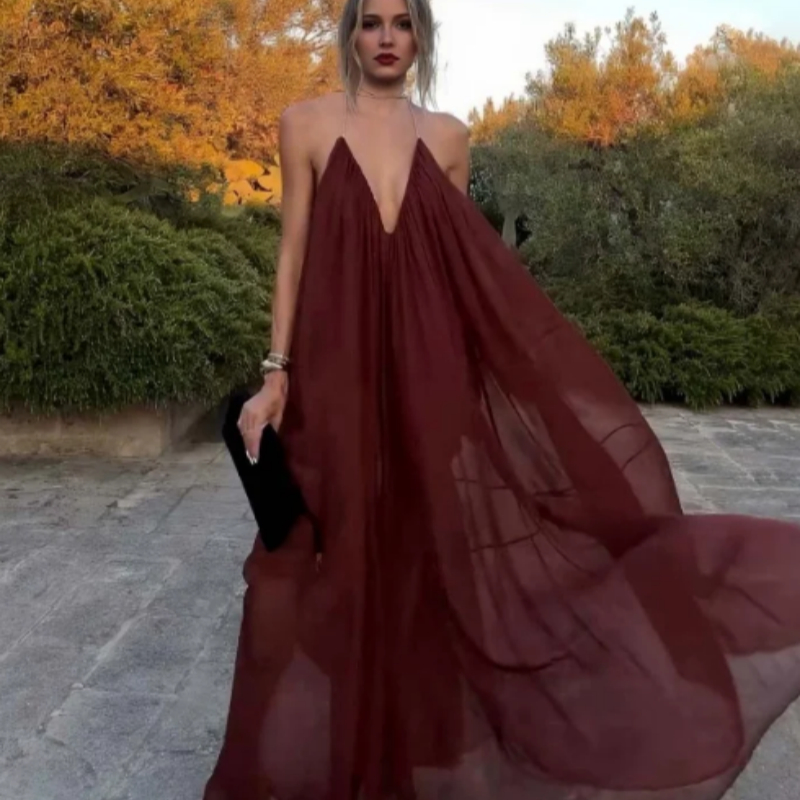 Elegant V neck Chiffon Flowing Long Dress Wine - Shop at LoveMi