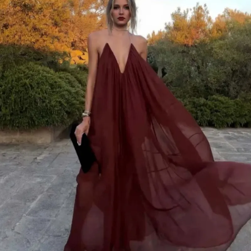 Elegant V-neck Chiffon Flowing Long Dress - Wine