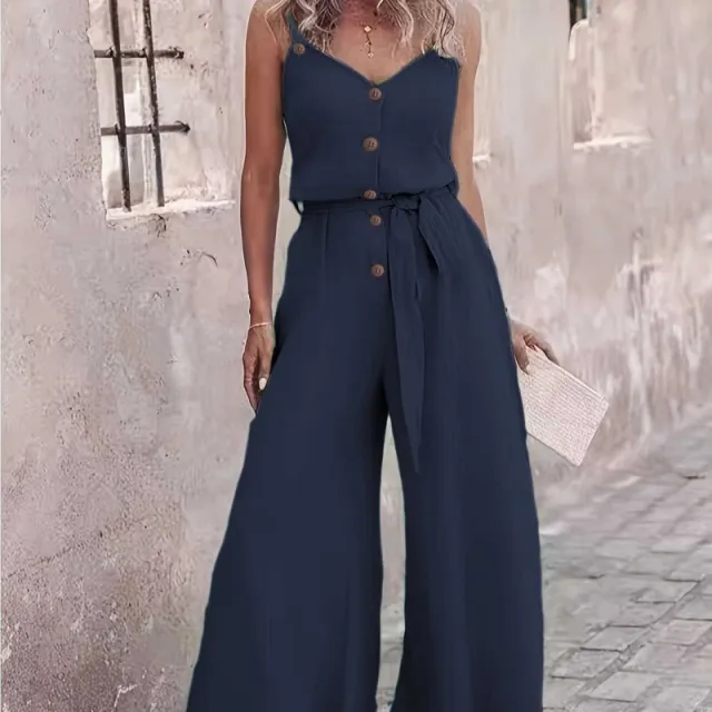 Women's Solid Color Buttons Drawstring Wide Leg Loose Jumpsuit Navy Blue - Shop at LoveMi