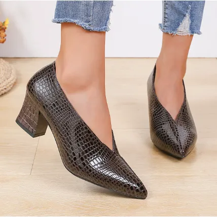 V Cut Women's Fashion Pointed Embossed Chunky Heel Martin Boots Brown - Shop at LoveMi