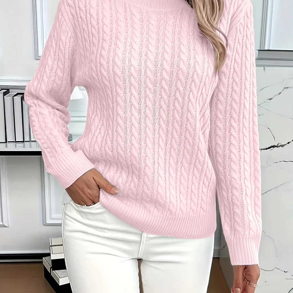 Ins Twist Round Neck Pullover Sweater Fashion Solid Colour Long-sleeved Knitted Top For Women - Pink