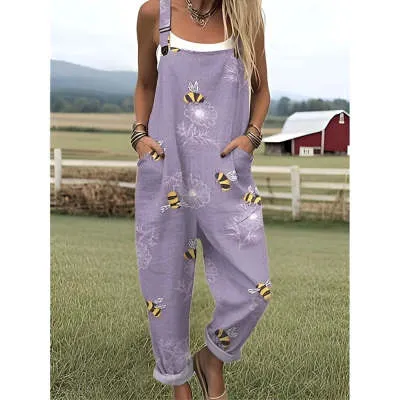 Women's Summer Digital 3D Printing Button Casual Suspender Trousers Purple - Shop at LoveMi