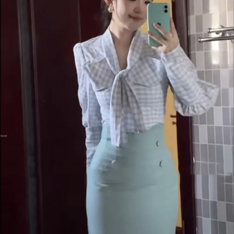 Spring And Autumn High Waist Slimming Hip-wrapped Mid-length Dress Two-piece Set - Suit