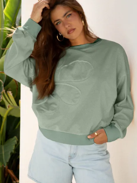 Coffee Raw Edge Flower Patch Drop Shoulder Casual Top Smoke Green - Shop at LoveMi