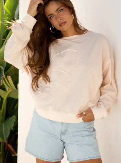 Coffee Raw Edge Flower Patch Drop Shoulder Casual Top - Beige