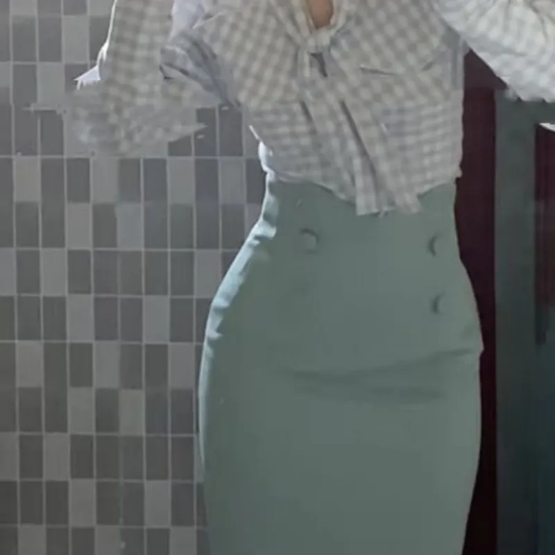 Spring And Autumn High Waist Slimming Hip-wrapped Mid-length Dress Two-piece Set - Green Skirt