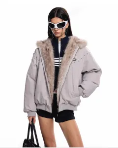 Women's American-style Ear Mountain Carved Fur Collar Loose Puffer Jacket - Gray - View 1
