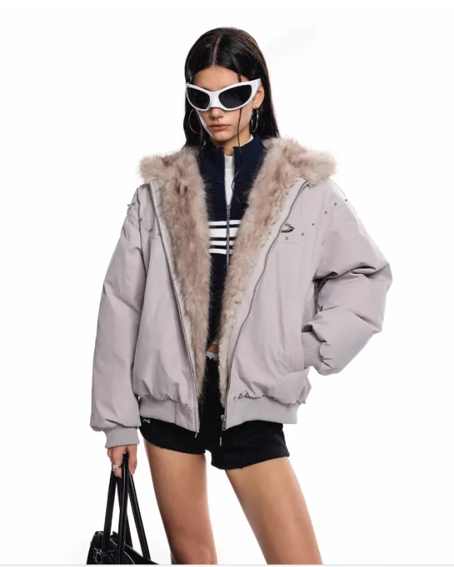 Women's American style Ear Mountain Carved Fur Collar Loose Puffer Jacket Gray - Shop at LoveMi