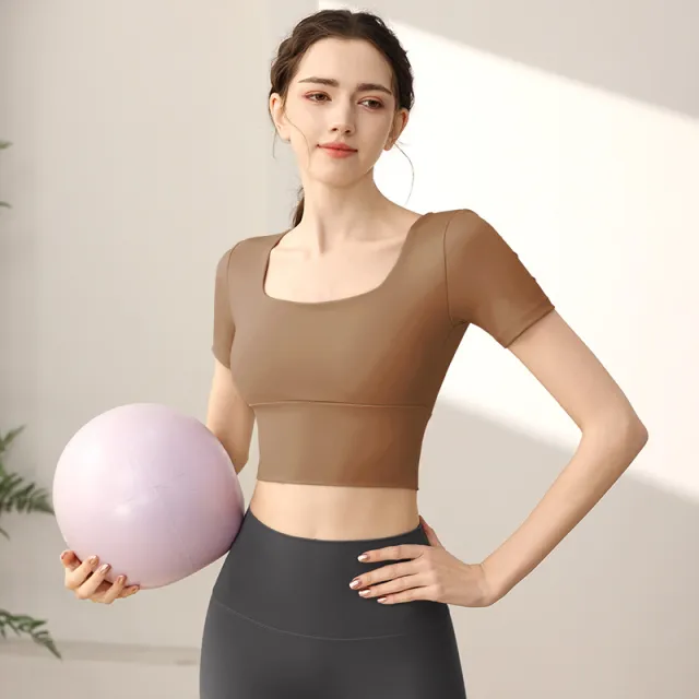 Yoga Cuff Chest Pad Slim Fit Slimming Sports Short Sleeve Cocoa Color - Shop at LoveMi