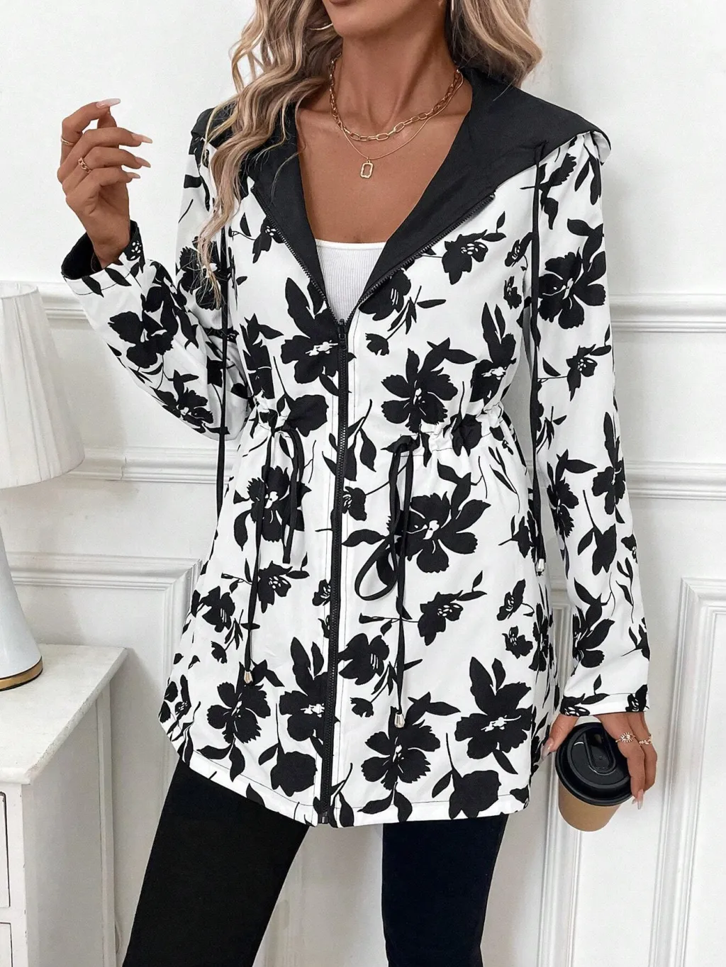 Women's Double-sided Reversible Hooded Zipper Jacket - Floral