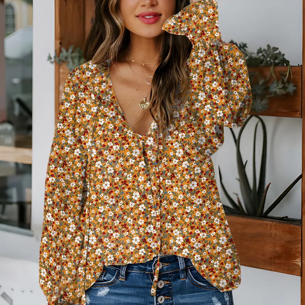 Orange Boho Floral Ruffled Bubble Sleeve V Neck Fall Blouse