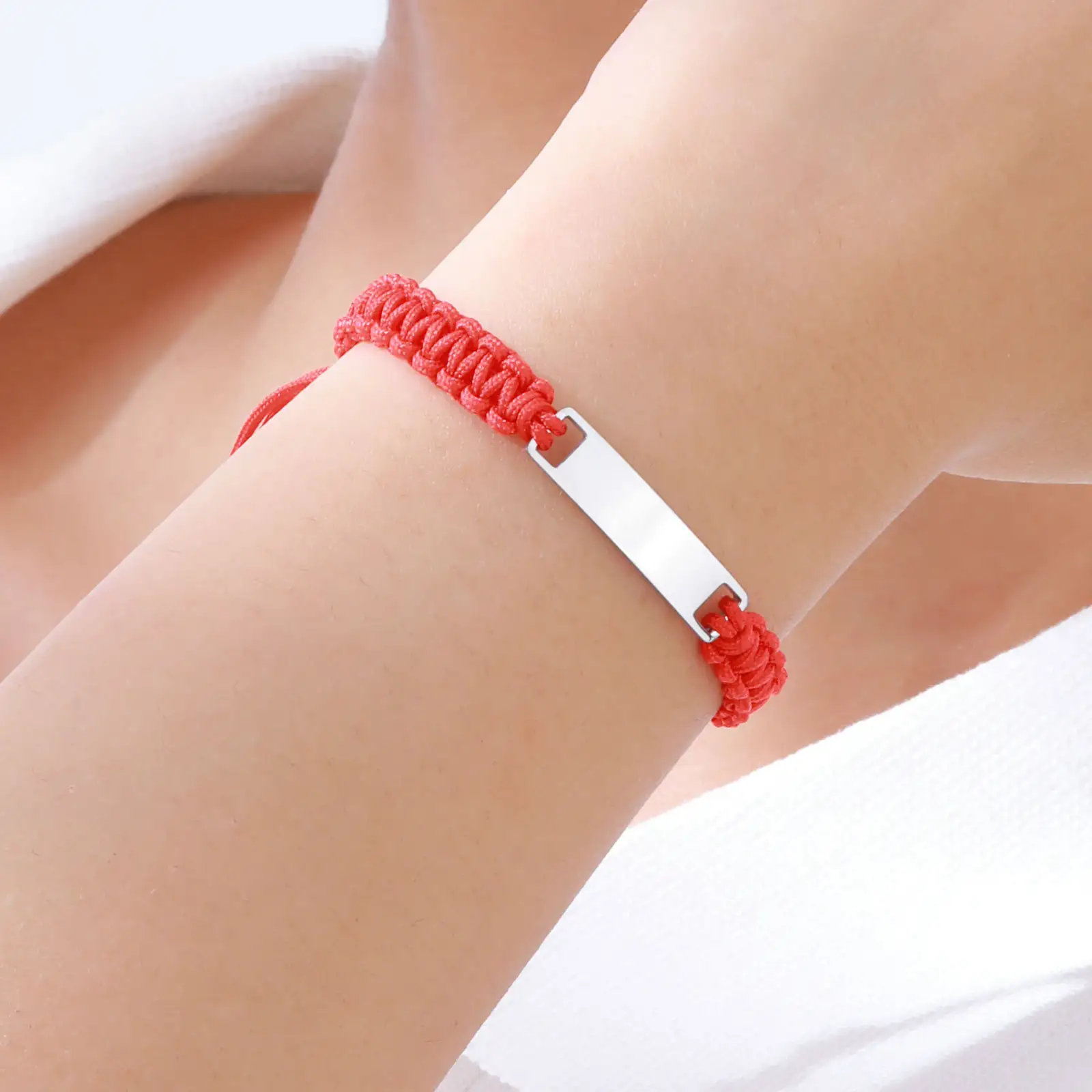 Stainless Steel Curved Brand Red Nylon Rope Woven Children's Bracelet Rose Gold