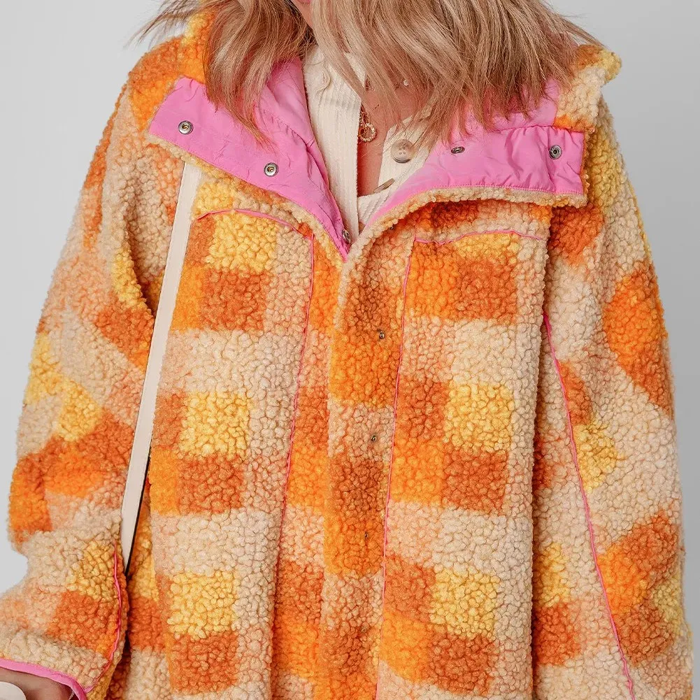 Orange Checkered Sherpa Hooded Jacket - Red