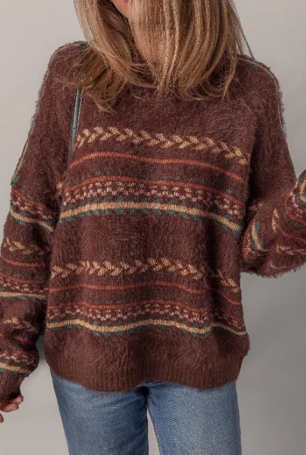 Brown Ethnic Pattern Mohair Knitted Drop Shoulder Sweater Brown - Shop at LoveMi