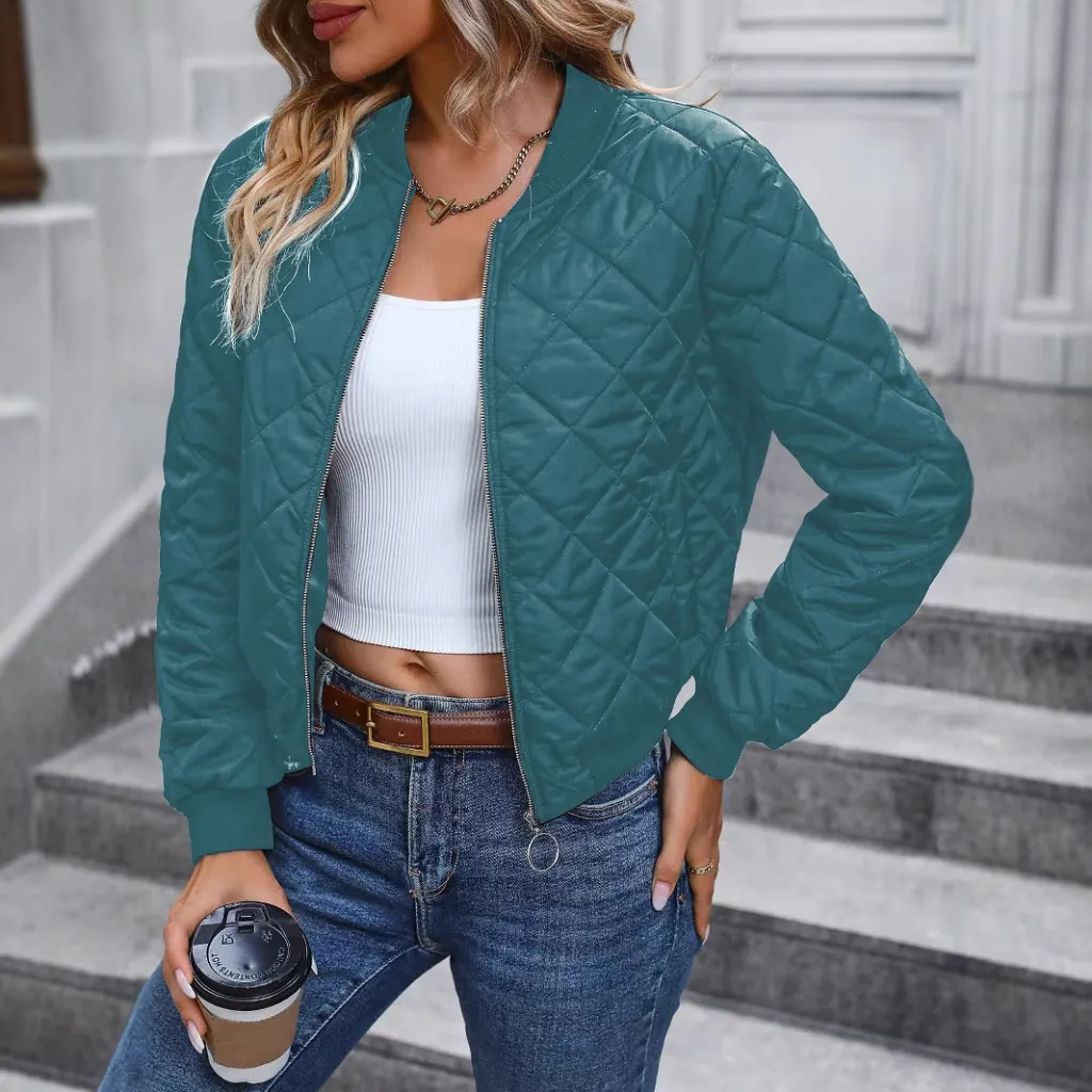Autumn European And American Stand Collar Plaid Slim Fit Baseball Cotton-padded Jacket - Green