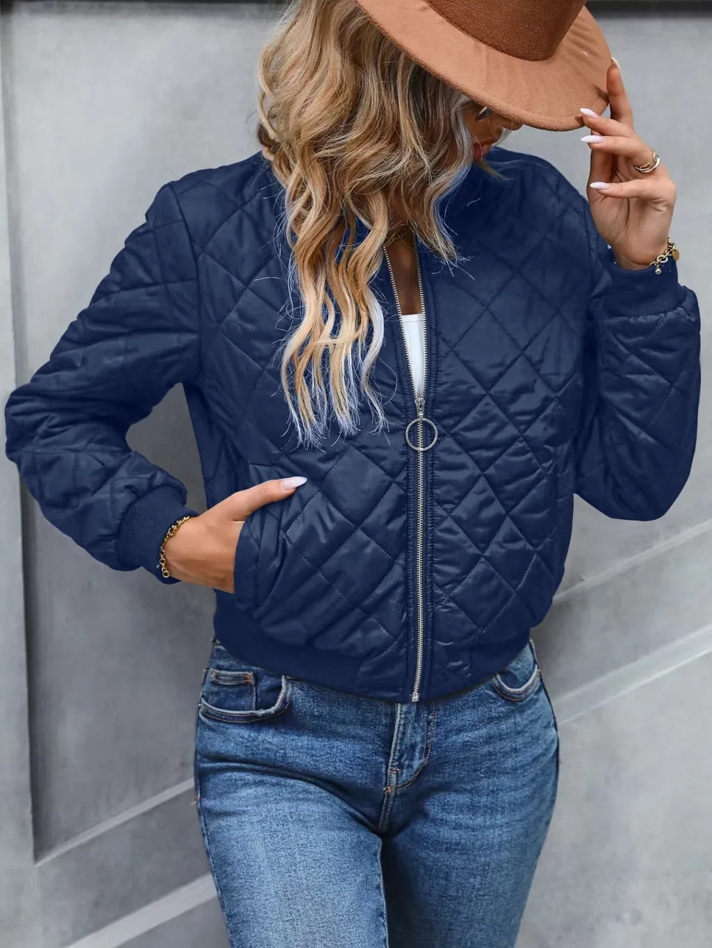 Autumn European And American Stand Collar Plaid Slim Fit Baseball Cotton-padded Jacket - Navy
