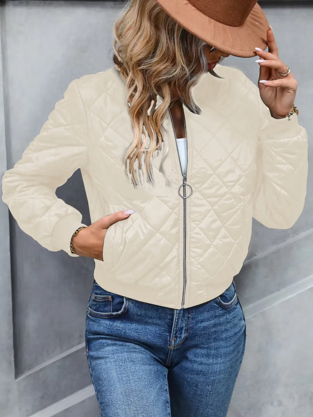 Autumn European And American Stand Collar Plaid Slim Fit Baseball Cotton-padded Jacket - Off White