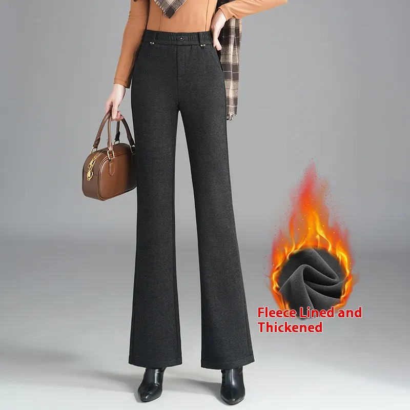 Women's Fashionable Stylish Casual Fleece-lined Slim Flare Pants - Black And Grey