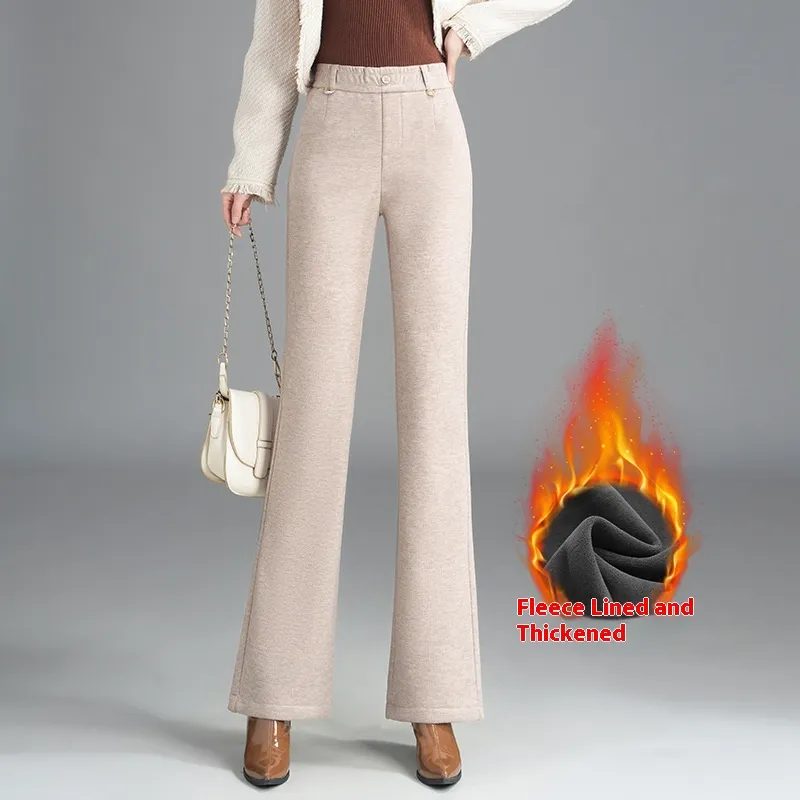 Women's Fashionable Stylish Casual Fleece-lined Slim Flare Pants - Oatmeal Color