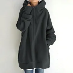 Oversized S-5XL Women Loose Hooded Coats Autumn Female Tie Collar Long Sleeve Zipper Up Add Velvet Long Sweatshirt - Dark Grey - View 1
