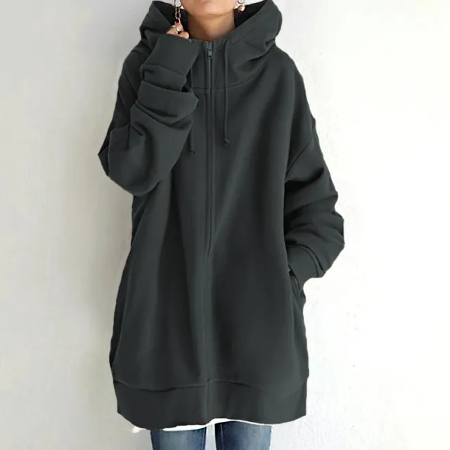 Oversized S 5XL Women Loose Hooded Coats Autumn Female Tie Collar Long Sleeve Zipper Up Add Velvet Long Sweatshirt Dark Grey - Shop at LoveMi