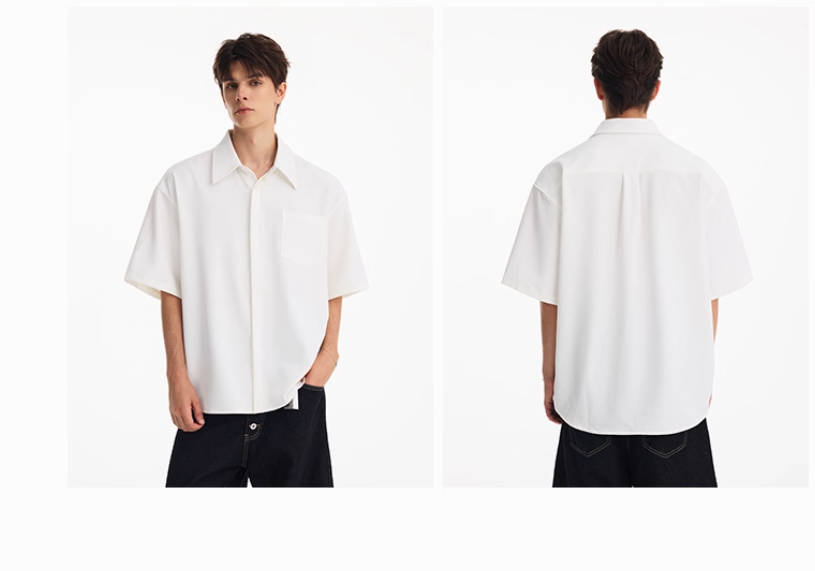 Summer American Retro Solid Color Short Sleeve Shirt Men