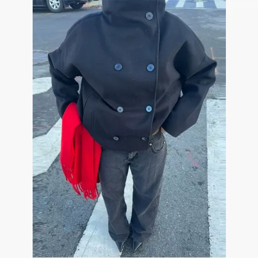 Women's Jacket Stand Collar Single Breasted Loose Woolen Coat Black 3 - Shop at LoveMi