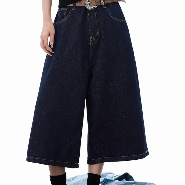 Lyocell Denim Blue Primary Color Cropped Jeans - Blue