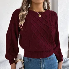 Solid Colour Twist Lantern Long Sleeve Fitted Waist Sweater Women's Clothing - Wine - View 1