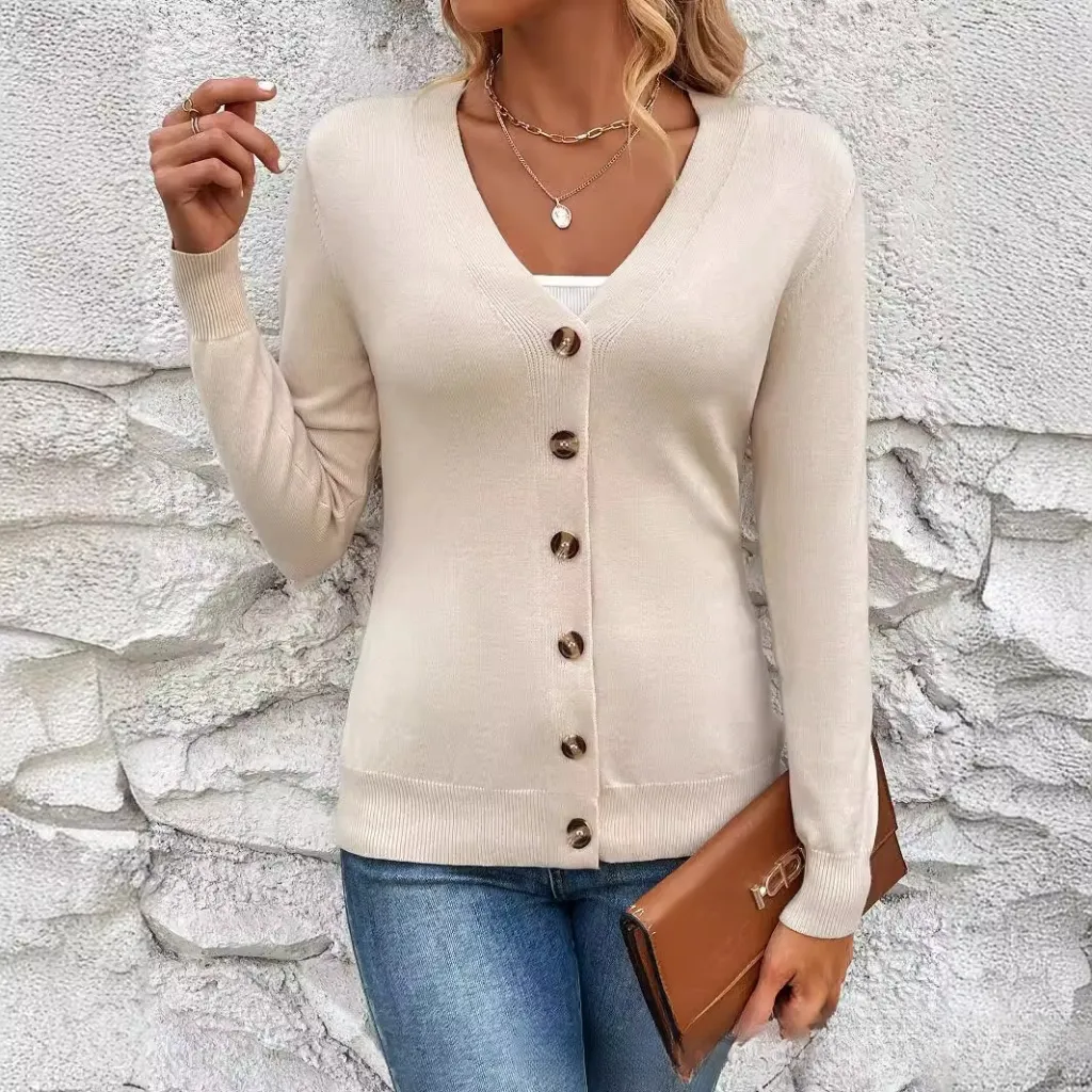 Women's Simple Solid Colour Long-sleeved Sweater Cardigan - Apricot