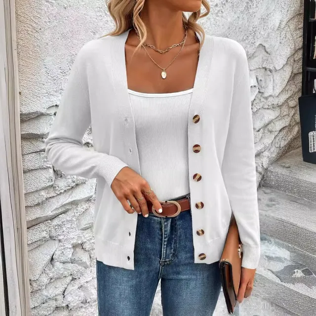 Women's Simple Solid Color Long sleeved Sweater Cardigan White - Shop at LoveMi