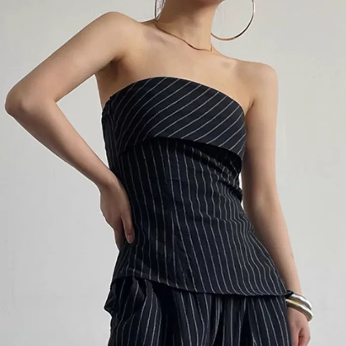 Retro Striped Tube Top Vest Women's Cotton Linen Casual Wide-leg Pants Suit - Black