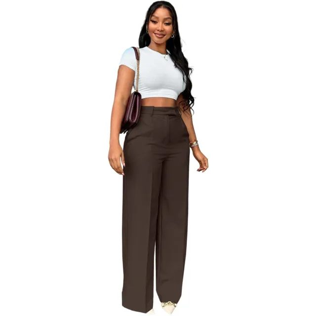 Women's High Waist Straight leg Wide leg Pants Coffee - Shop at LoveMi