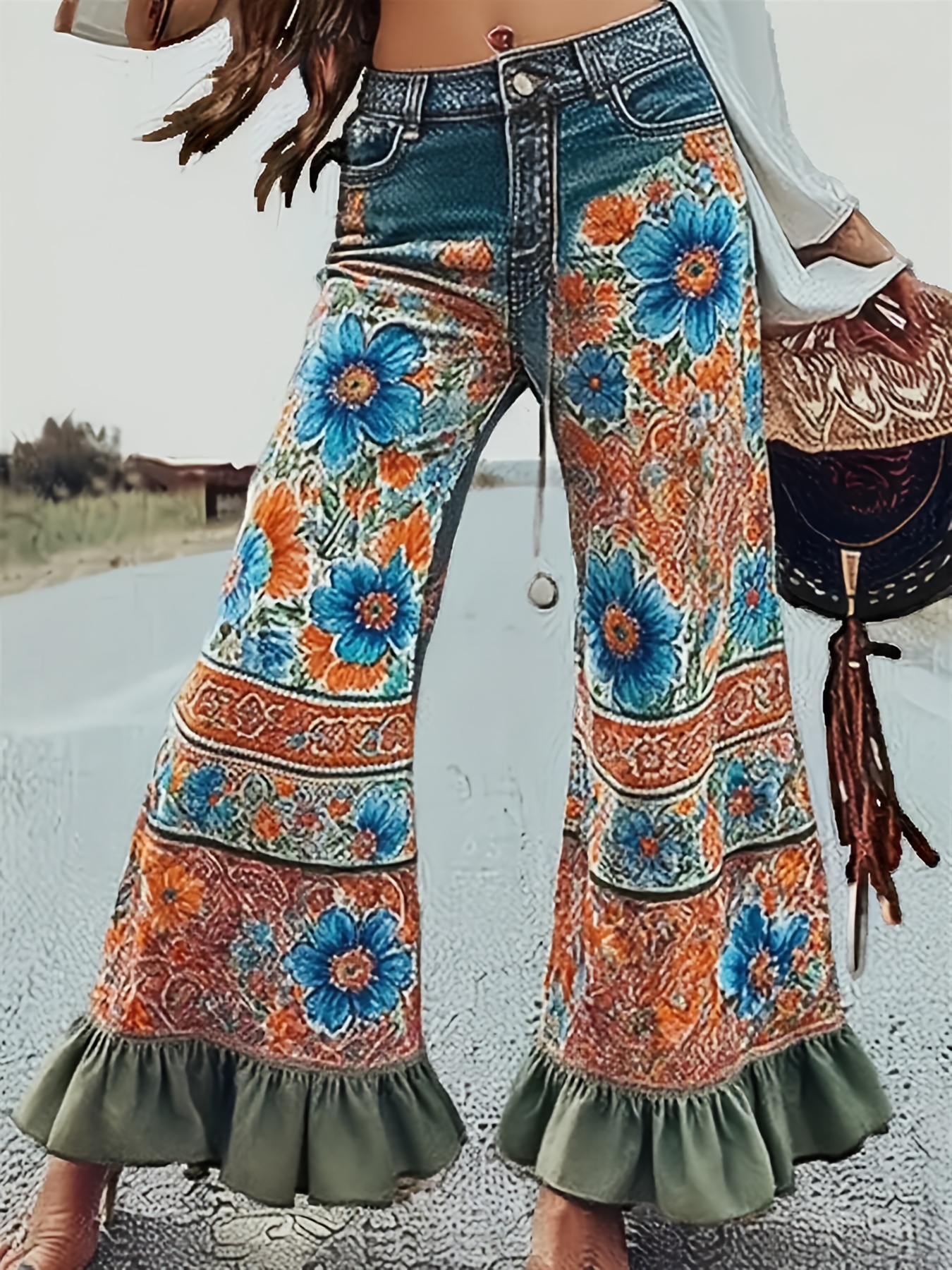 Pantalon évasé Ursime imprimé bohème à ourlet volanté – Color1, XL