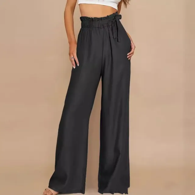 Plus Size Solid Color Loose Lace up Wide Leg Trousers Black - Shop at LoveMi