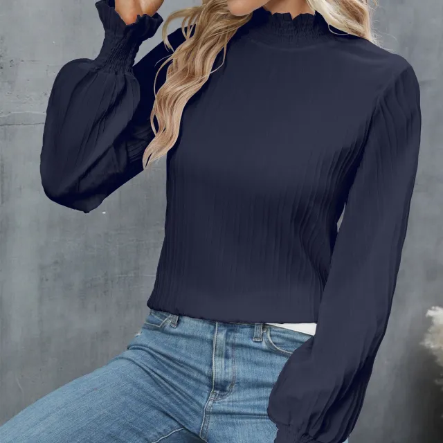 Casual Solid Color Ruffle Sleeve Loose Top For Women Dark Blue - Shop at LoveMi
