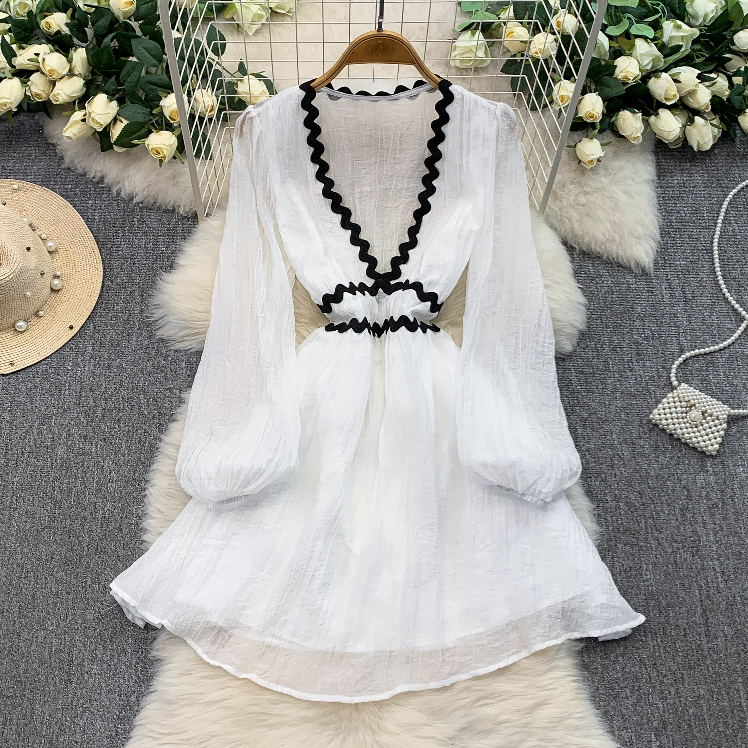 French Style Vacation Gentle Blue Wavy V neck Dress White - Shop at LoveMi