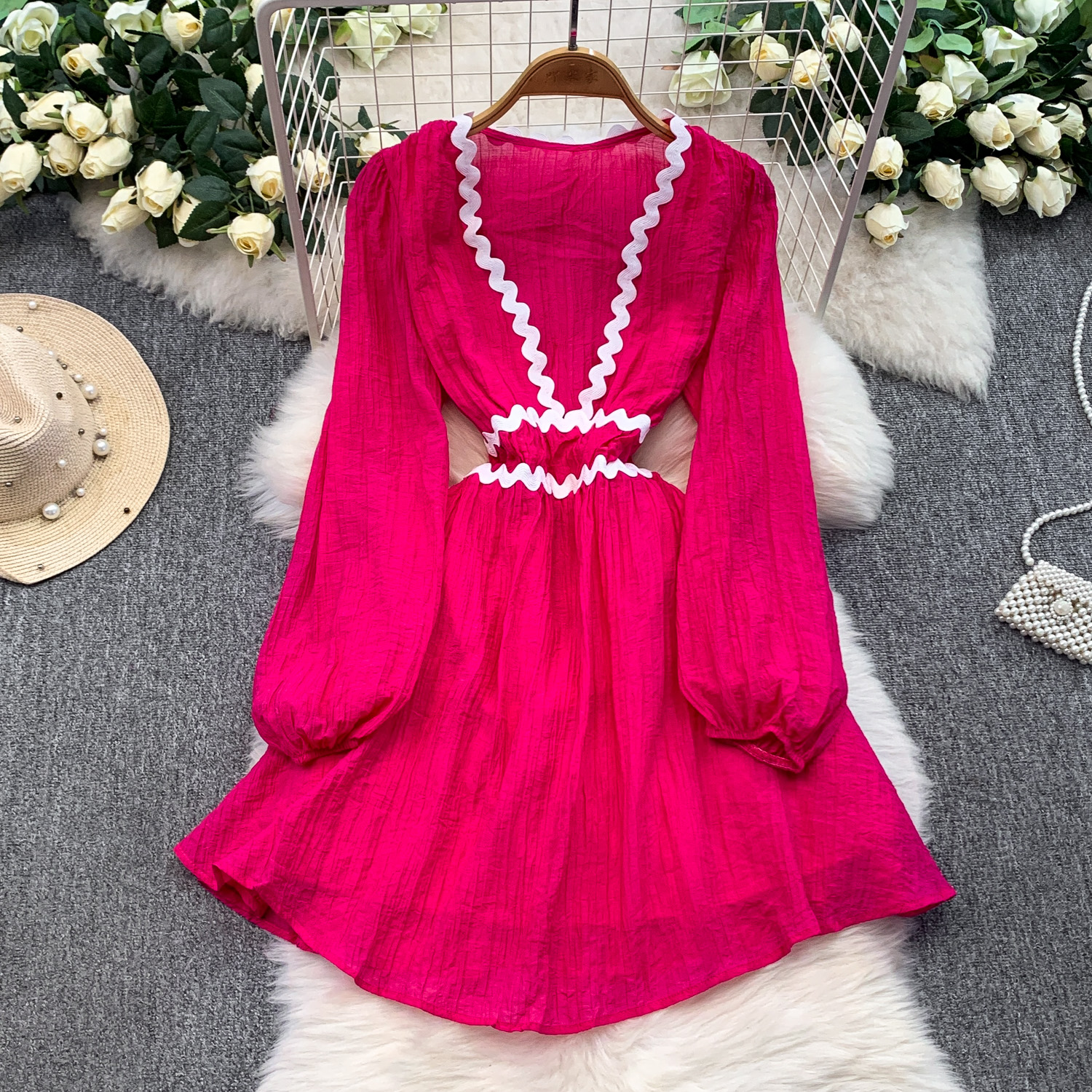 French Style Vacation Gentle Blue Wavy V neck Dress Rose - Shop at LoveMi