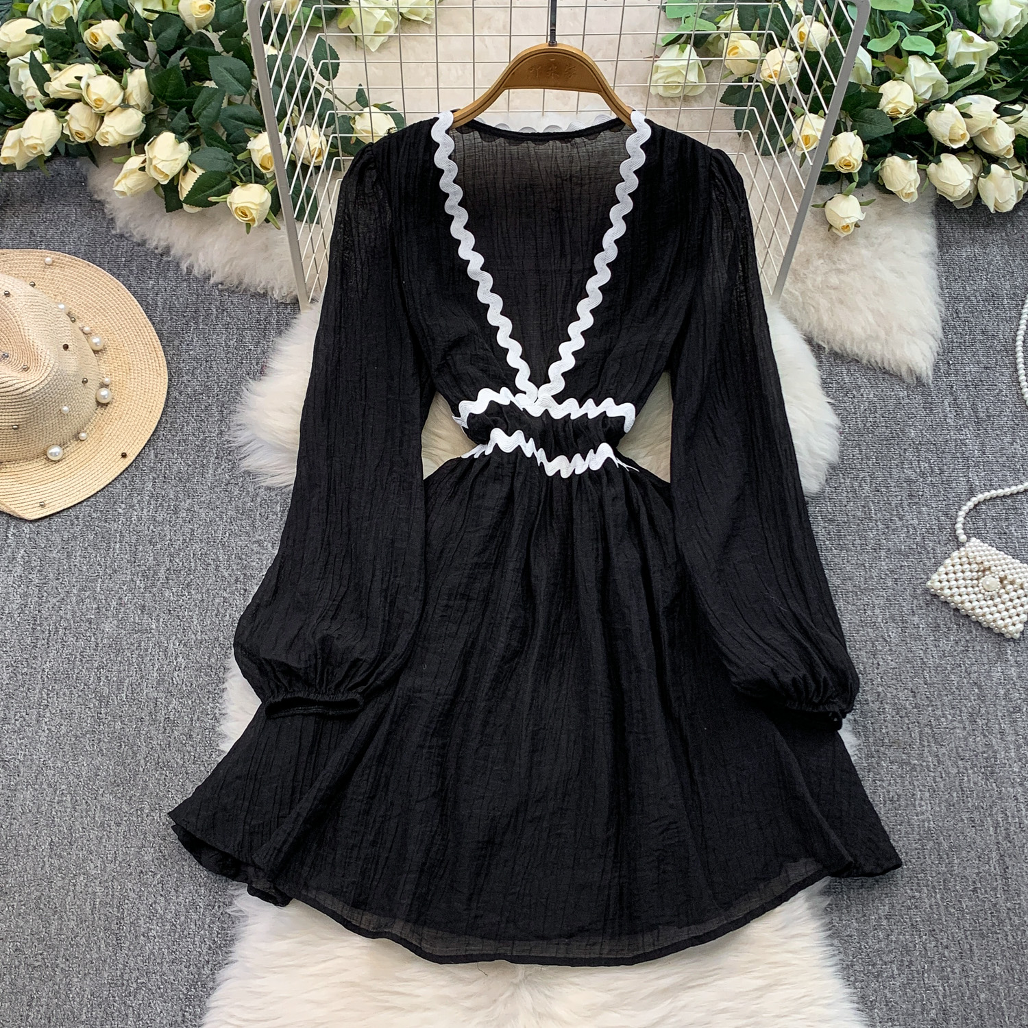 French Style Vacation Gentle Blue Wavy V neck Dress Black - Shop at LoveMi