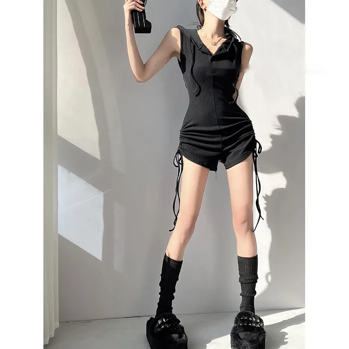 American Hooded One-piece Vest T-shirt Shorts - Black