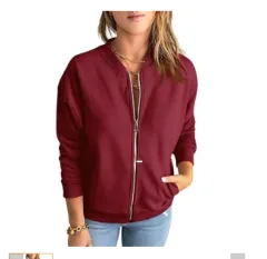 Women's Solid Color Zipper Jacket Coat Fashion Casual Cardigan Long Sleeve Stadiumjumper - Red - View 1