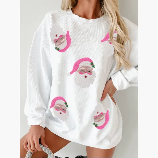 Round Neck Santa Claus Floral Print Long Sleeve Pullover White - Shop at LoveMi