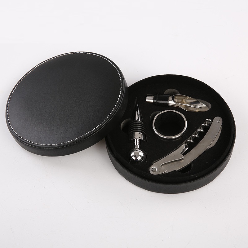 Creative Gift Round Leather Box Wine Set Four piece Set Leather Box Stainless Steel - Shop at LoveMi
