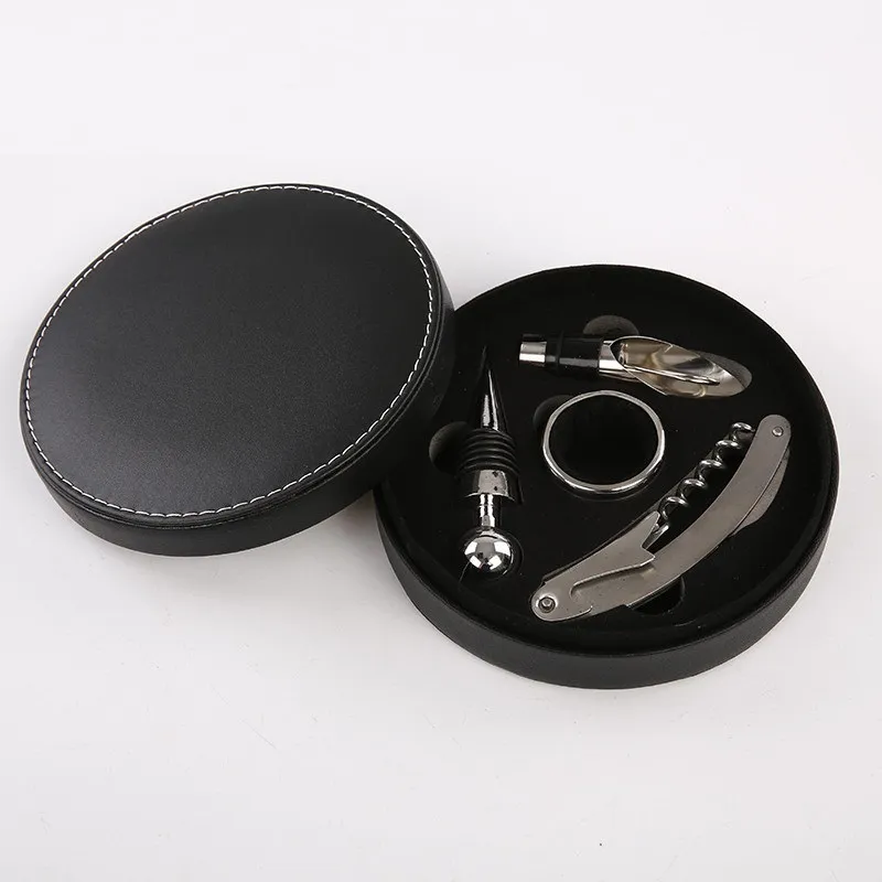 Creative Gift Round Leather Box Wine Set Four-piece Set - Leather Box Stainless Steel