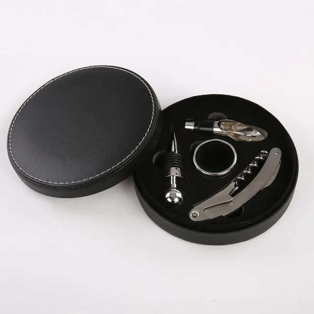 Creative Gift Round Leather Box Wine Set Four piece Set Leather Box Stainless Steel - Shop at LoveMi