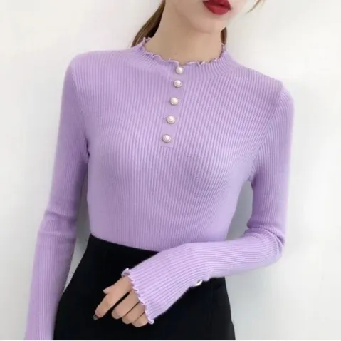 Half Turtleneck Pullover Sweaters Women's Clothing Slim Fit Purple - Shop at LoveMi