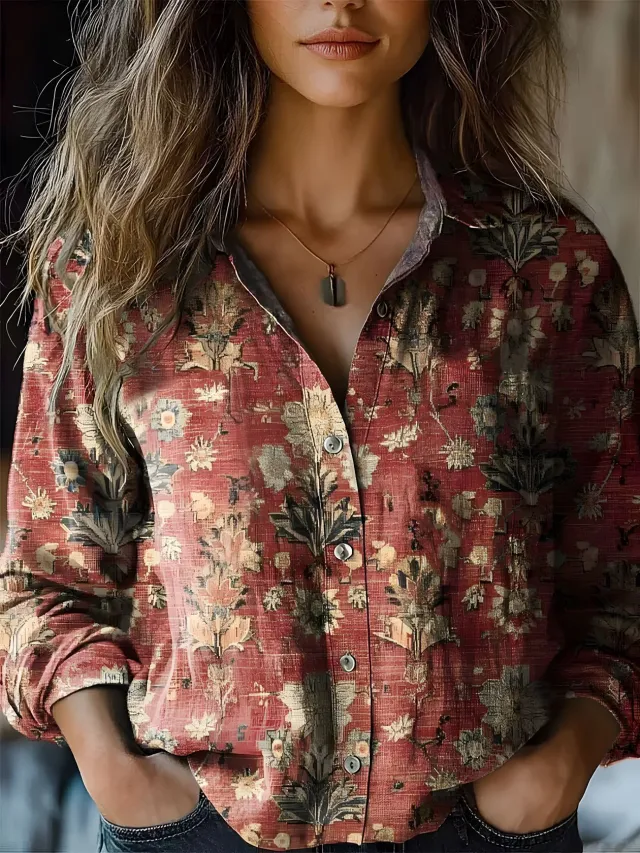 Women's Top V neck Printed Exquisite Linen Style 3 M - Shop at LoveMi