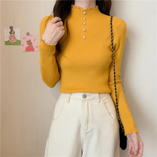 Half Turtleneck Pullover Sweaters Women's Clothing Slim Fit Yellow - Shop at LoveMi