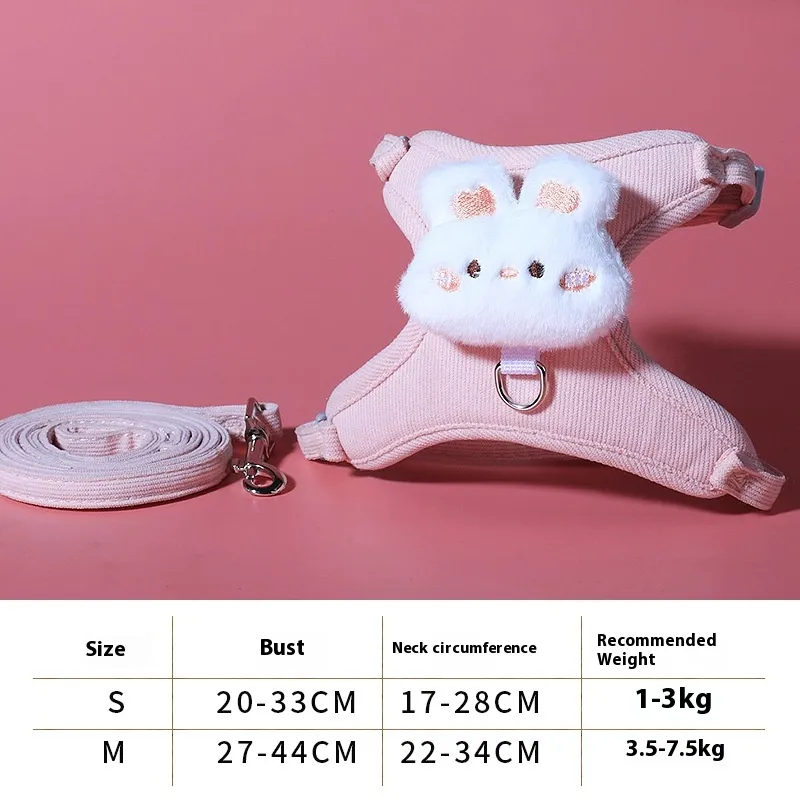 Cat Pulling Rope Adjustable Cat Walking Rope Cute Kittens Special For Going Out Chest Strap Small Dog Pet Supplies - Corduroy Pink Bunny 1.2M