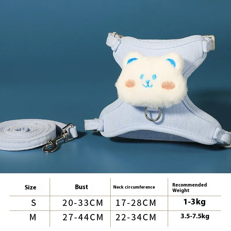 Cat Pulling Rope Adjustable Cat Walking Rope Cute Kittens Special For Going Out Chest Strap Small Dog Pet Supplies - Corduroy Blue Bear 1.2M